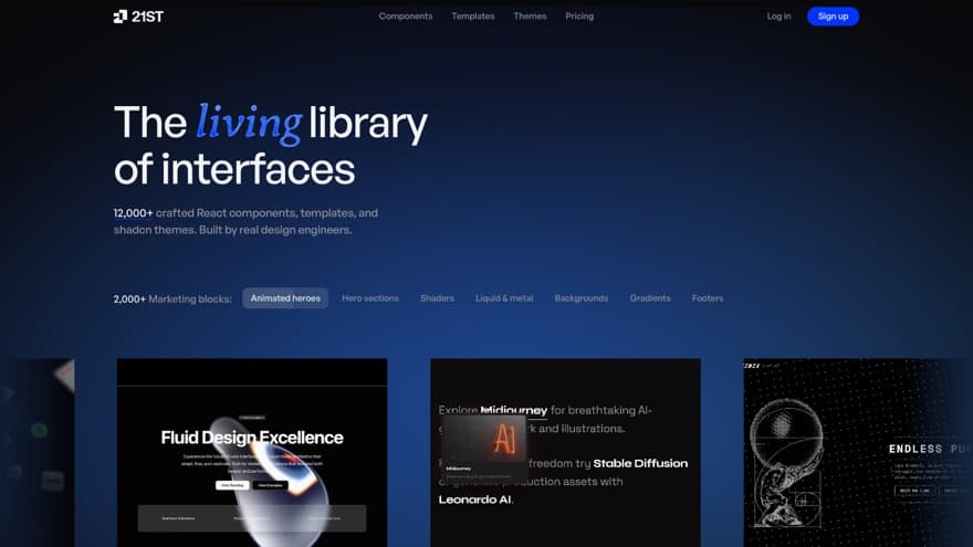 The 21st.dev homepage on deep blue, with a category row for animated heroes, shaders and gradients above component previews.