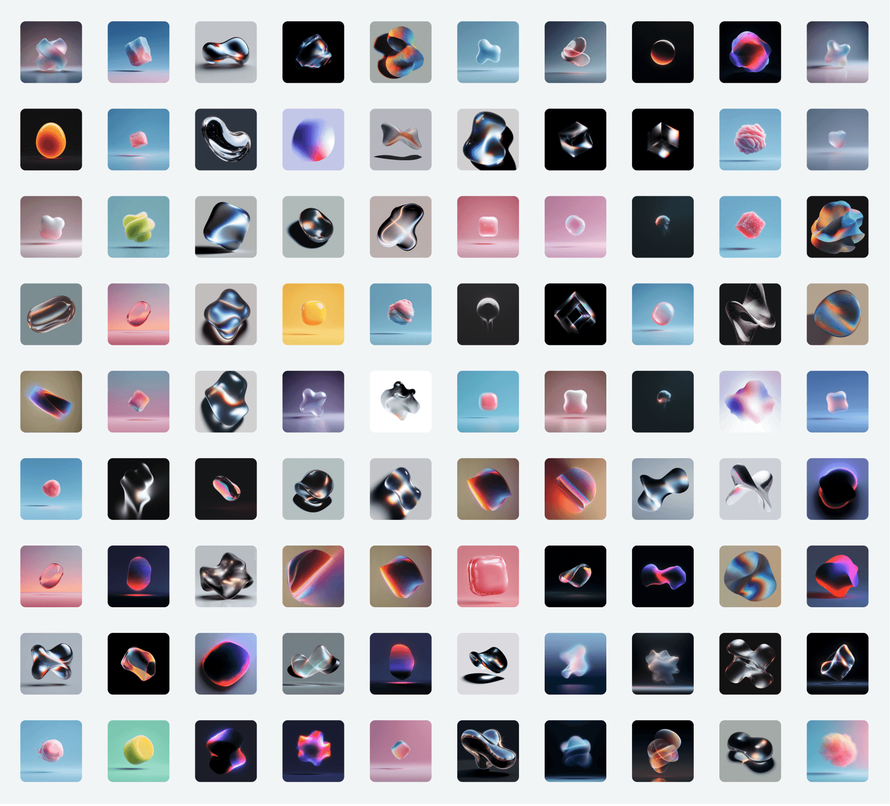 Contact sheet of the seamless video loops: abstract glass and chrome forms for animated backgrounds