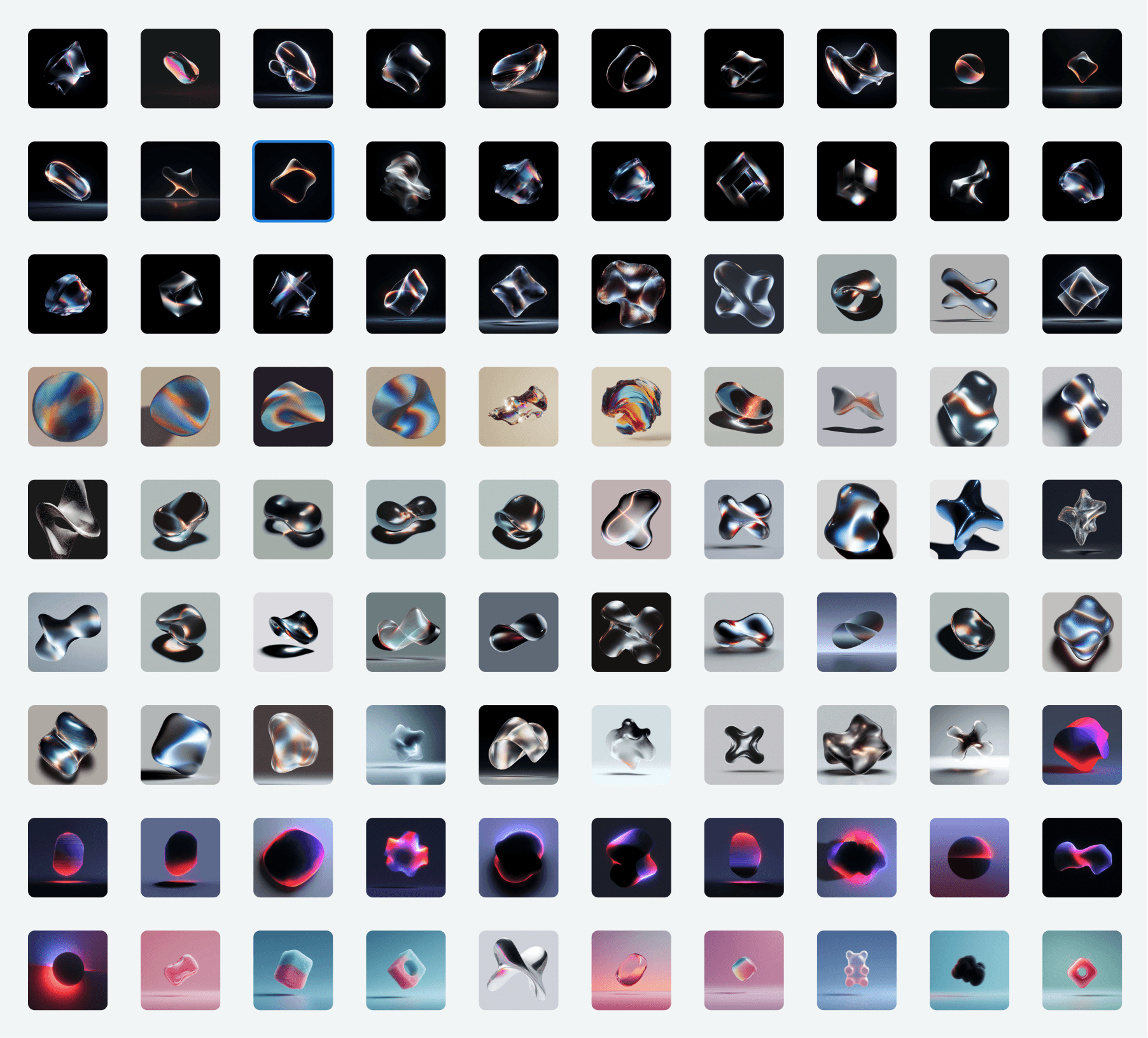 Contact sheet of the stills library: dozens of glossy chrome, glass and iridescent blob forms