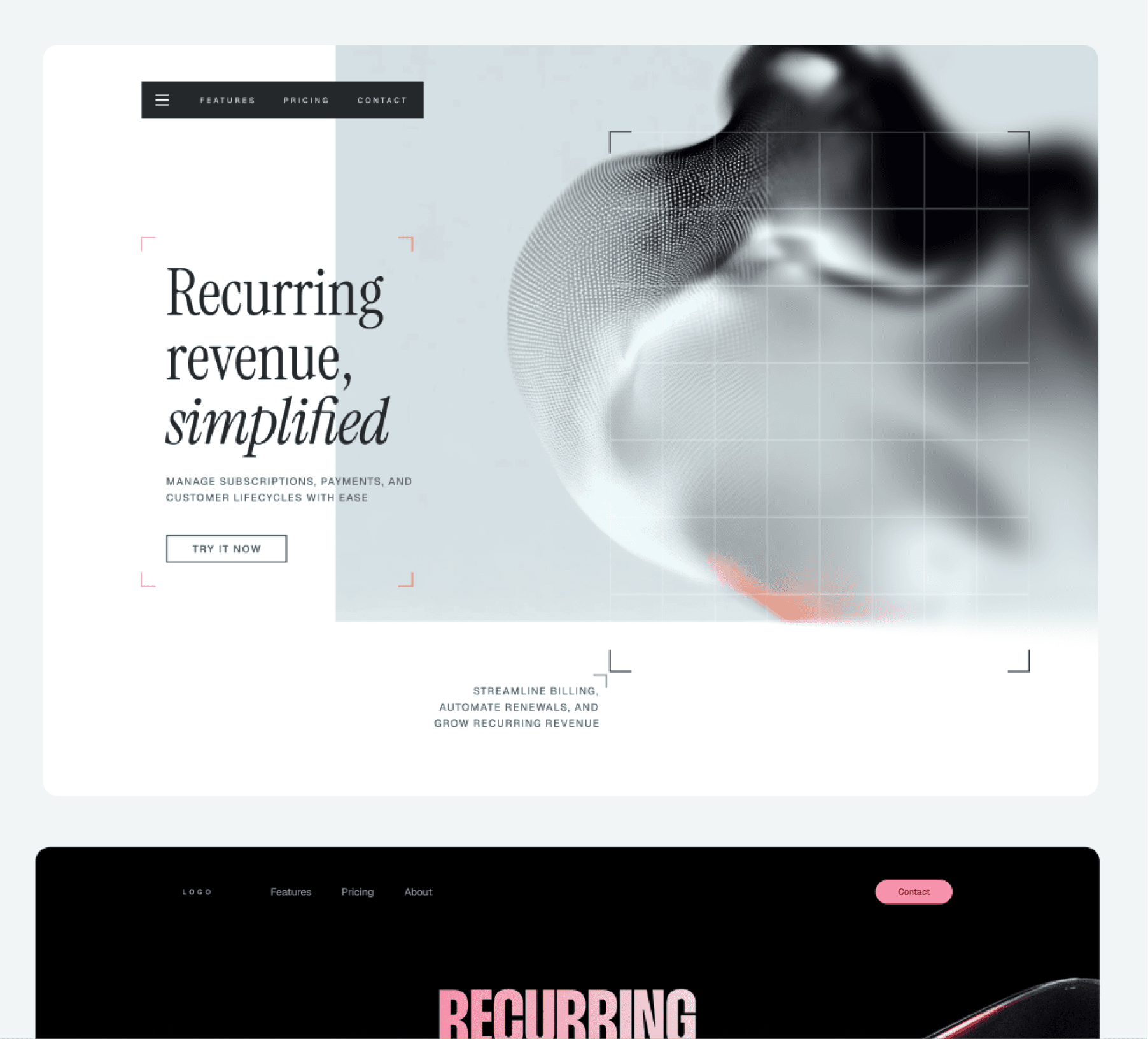 Two ready-made web page templates using Materials as hero art — one light editorial layout, one dark