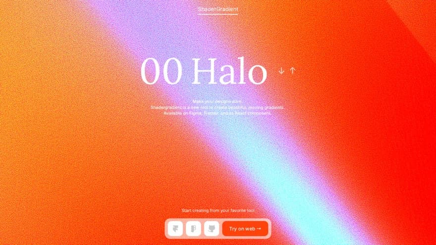 The ShaderGradient homepage running its own shader: a heavily grained orange, pink and cyan gradient filling the screen.