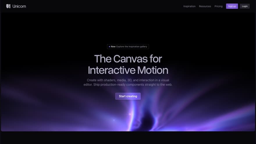 The Unicorn Studio homepage over a violet aurora shader on near-black, with a Start creating button.