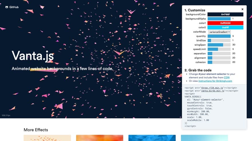 The Vanta.js homepage running its birds effect, pink and orange flocking shapes on navy, beside the live settings panel.