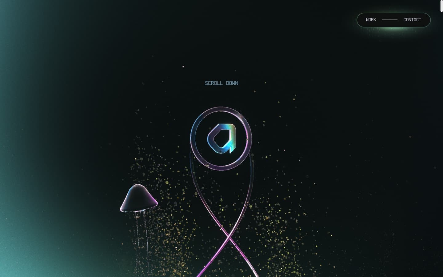Active Theory: a chrome logo suspended in a dark teal 3D scene, trailing gold and blue particles into the depth.
