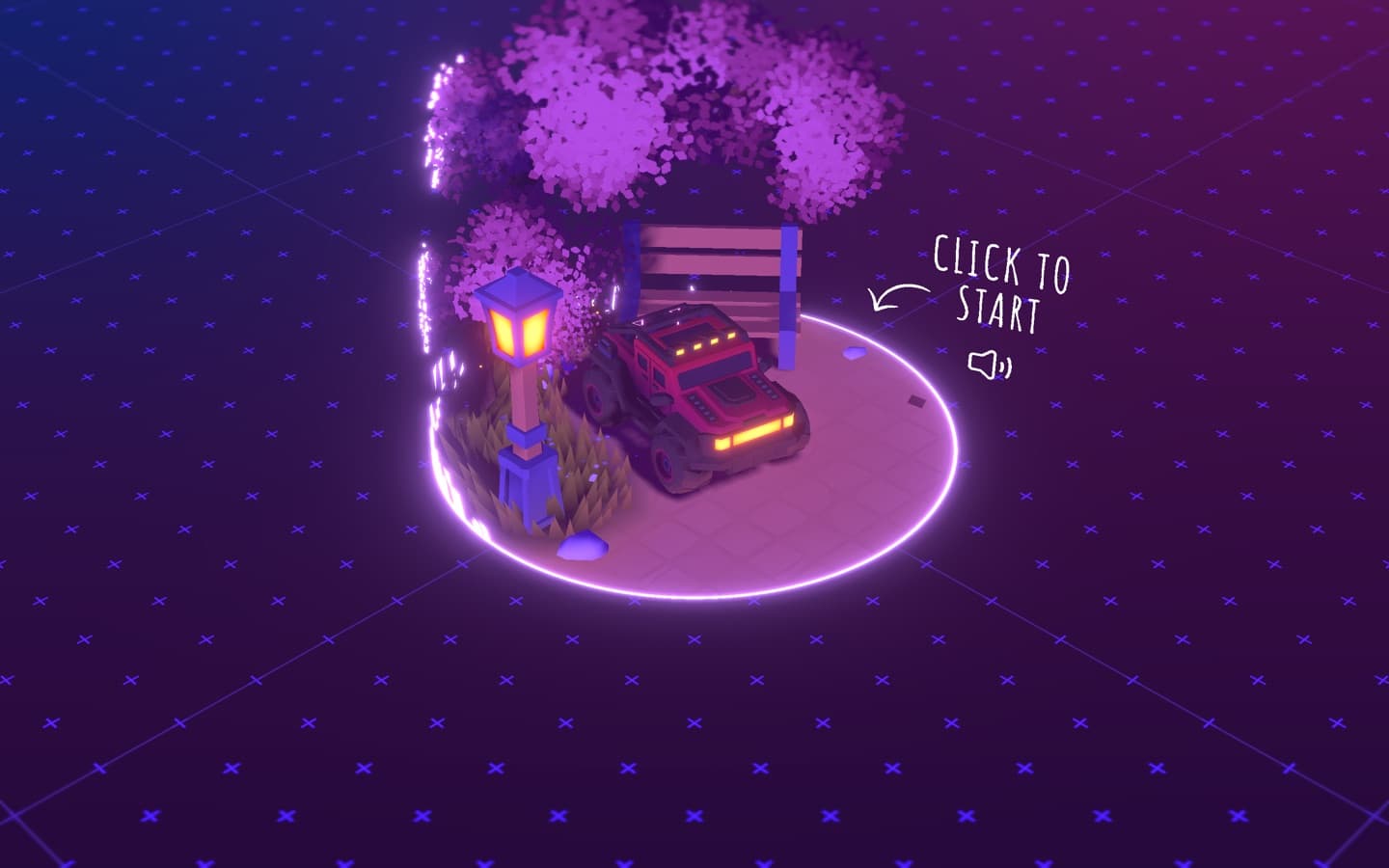 Bruno Simon's portfolio: a red toy truck parked on a lit disc under a pink tree, with click to start alongside.
