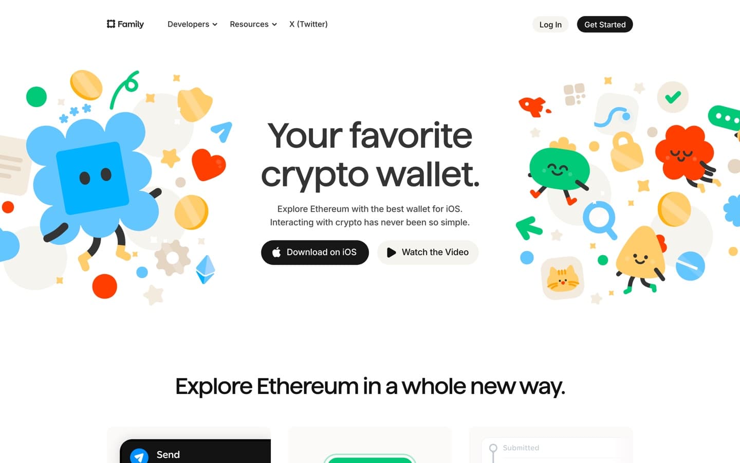 Family's hero: cartoon vector characters and coins scattered in cream around the headline Your favorite crypto wallet.