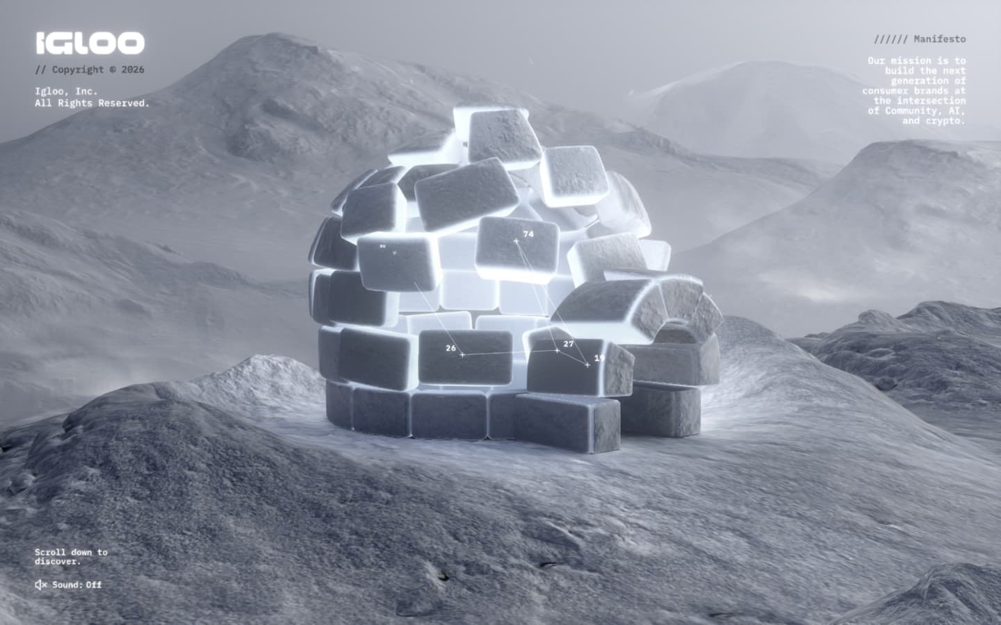 Igloo Inc: a WebGL scene of a glowing block igloo on a pale snowfield, mountains fading into mist behind it.