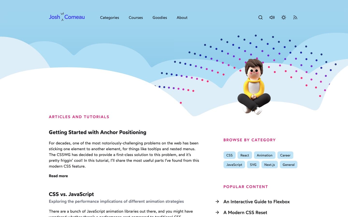 Josh Comeau's home page: a small 3D avatar sitting among pale blue clouds, dotted arcs curving out behind him.