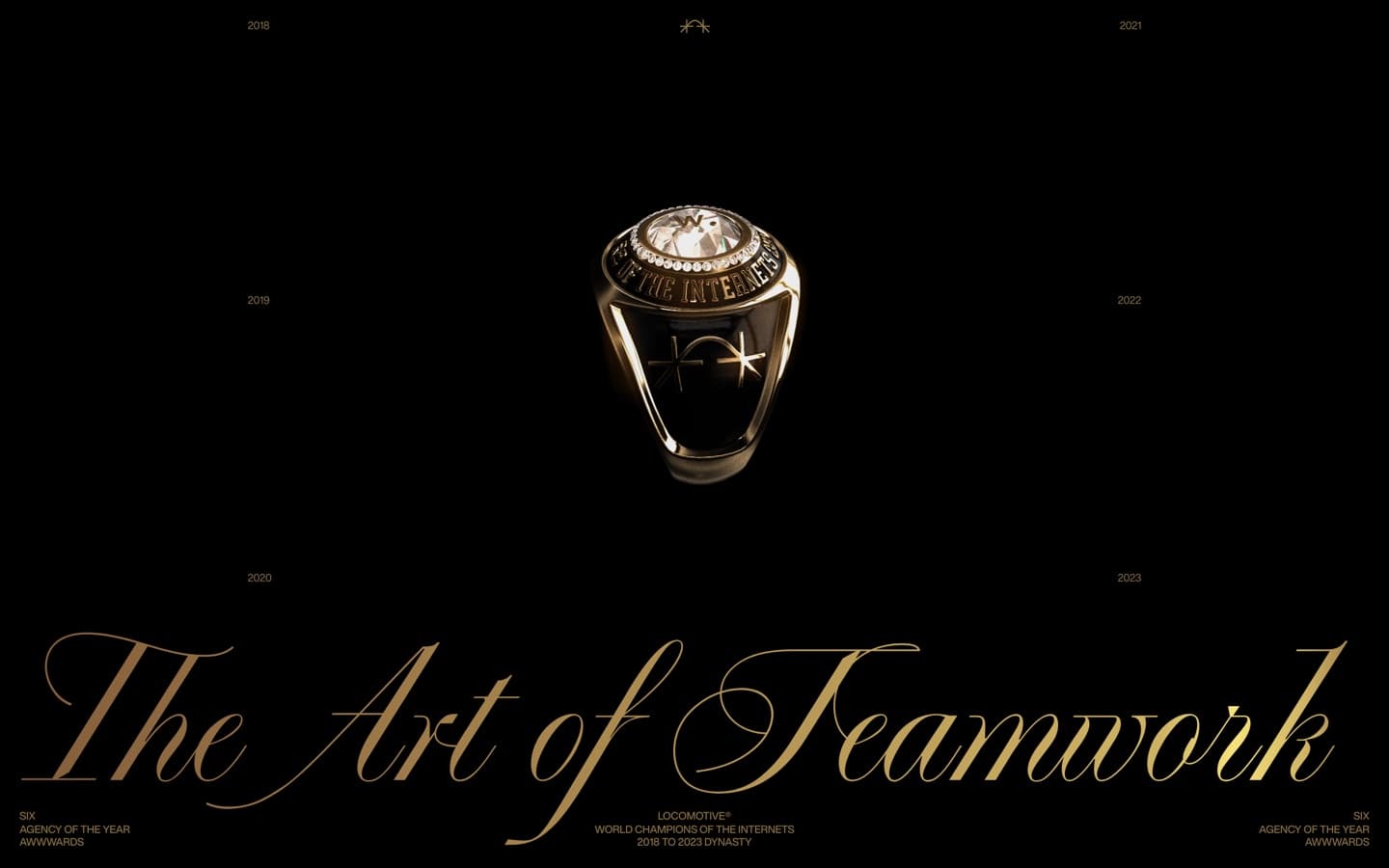 Locomotive Dynasty: a gold championship ring on black above The Art of Teamwork in gold script, years listed around it.