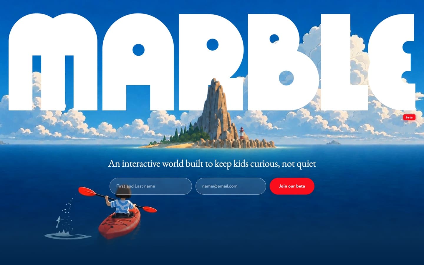 Marble's hero: the wordmark in fat white letters over a modelled island with a lighthouse, a kayaker on blue sea.