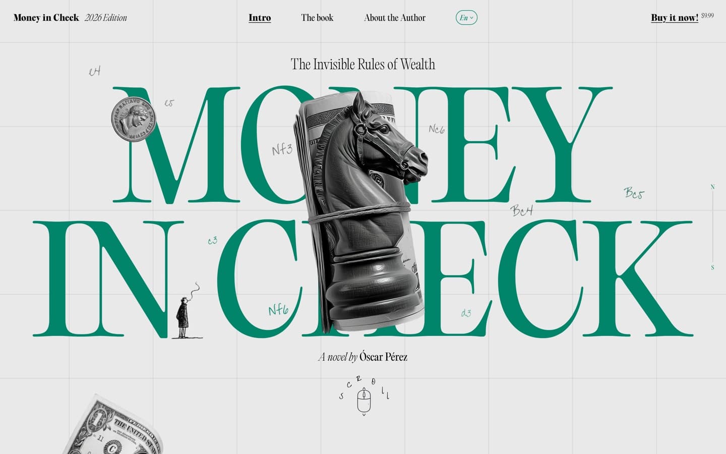 Money in Check's cover screen: green serif title on ledger paper, a chess knight wrapped in a rolled dollar bill.