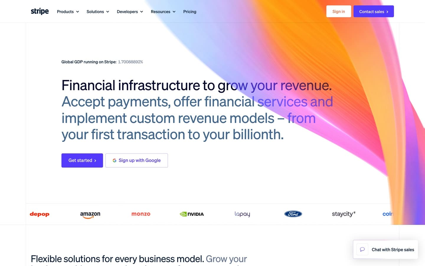 Stripe's hero: a drifting ribbon of orange, pink and violet colour behind the headline on white, with a GDP ticker.