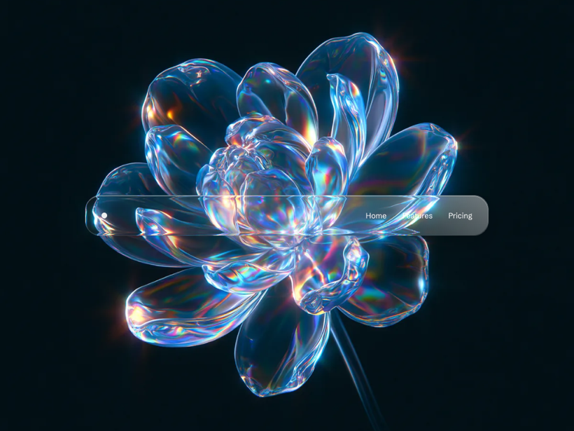 Glass nav bar — A clear glass nav bar the scene reads straight through, bright at the rim.