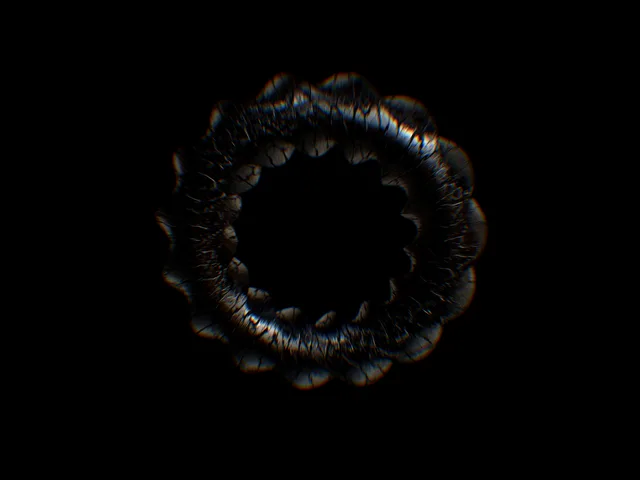 Cracked glass twist — A twisted glass ring, crazed with cracks, its edges split into rainbow.
