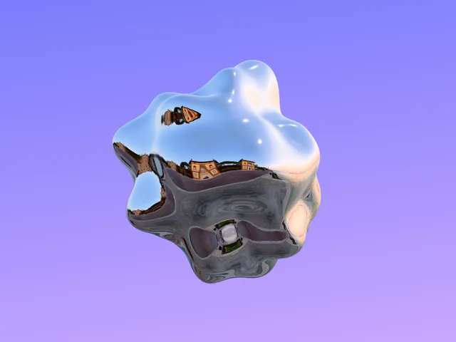 Sunset chrome blob — A mirror blob drinking the sunset, floating on lilac.